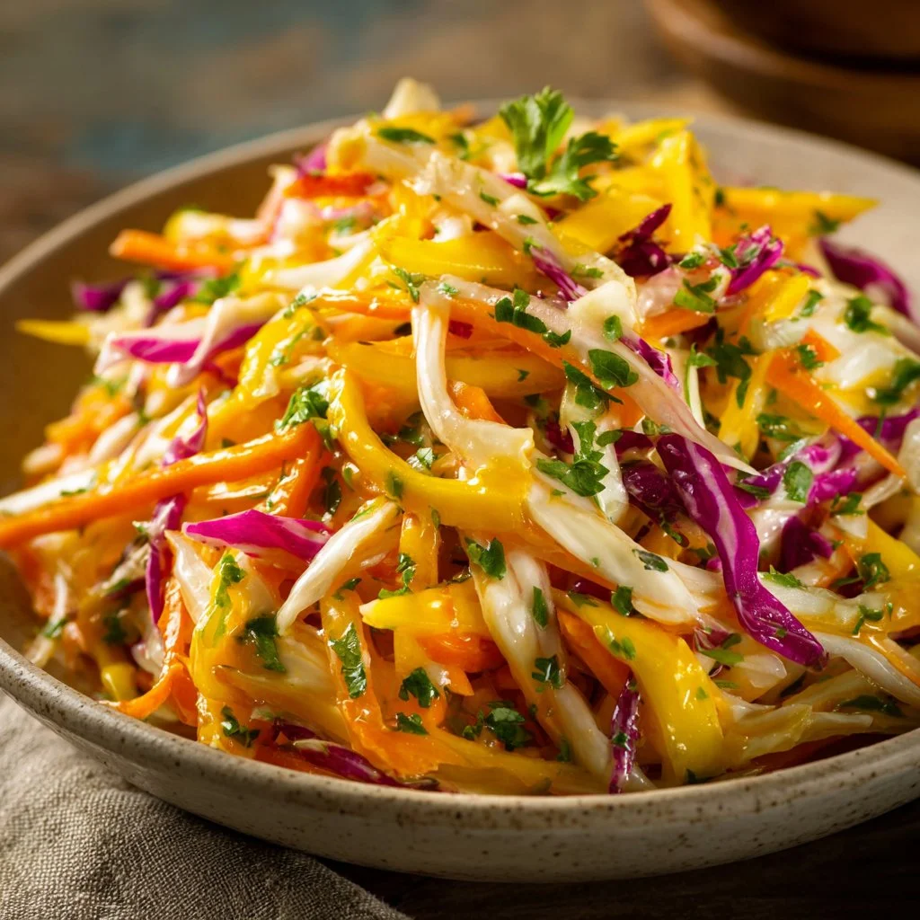 Zesty mango slaw salad with colorful vegetables and dressing