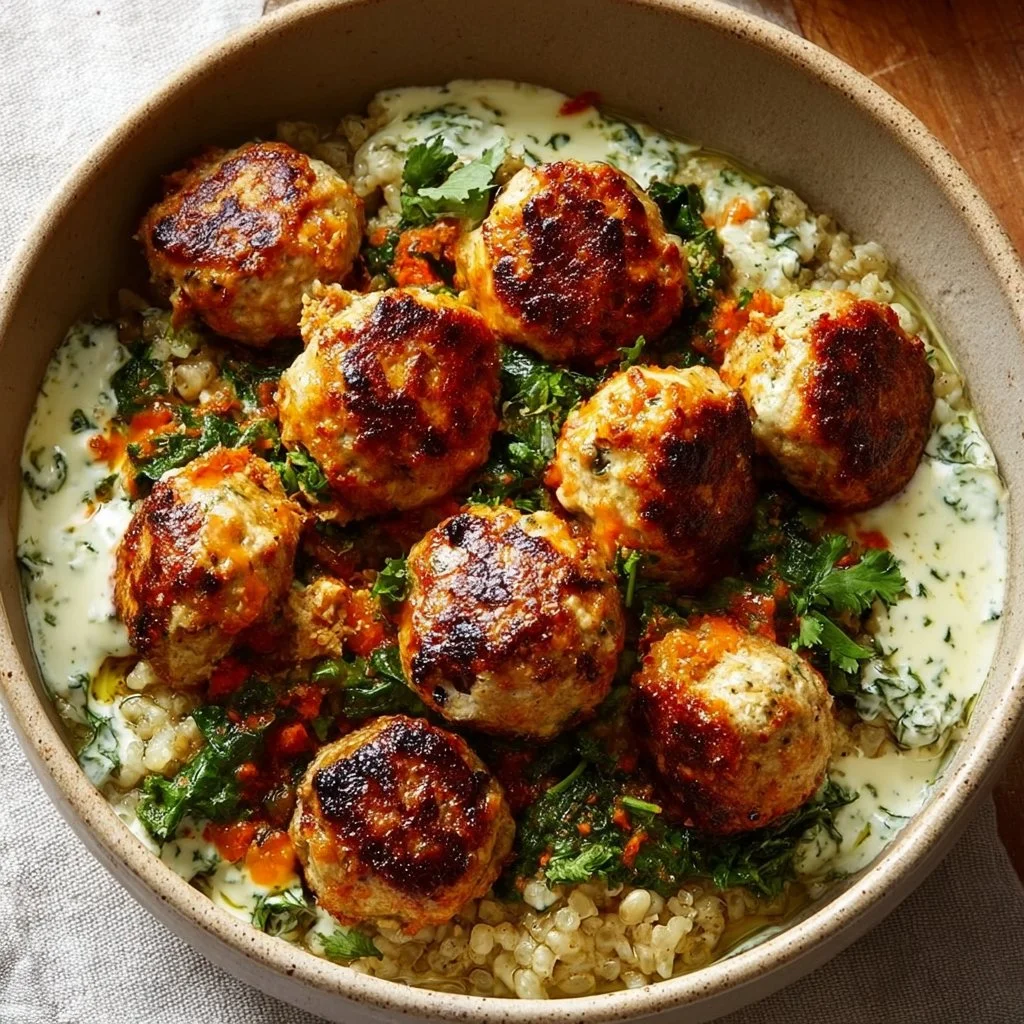 Mediterranean chicken meatball bowls with vegetables and herbs