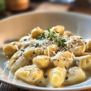 Delicious Millionaire Gnocchi served with creamy sauce and garnished.