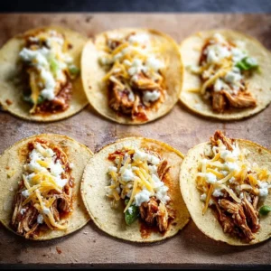 Mini baked chicken tacos served on a plate with fresh toppings