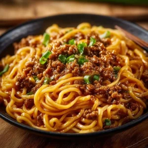 Plate of Mongolian Ground Beef Noodles served with vegetables