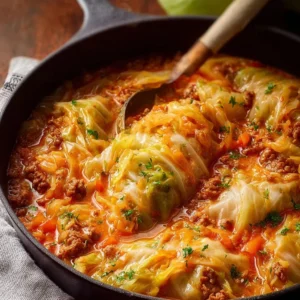 Bowl of delicious cabbage roll soup garnished with herbs.