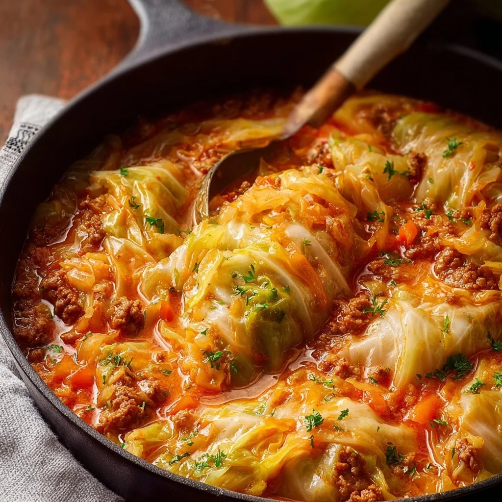 Bowl of delicious cabbage roll soup garnished with herbs.