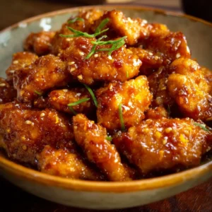 Delicious orange chicken served with vegetables and rice on a plate.