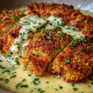 Parmesan crusted chicken served with creamy garlic sauce on a plate.