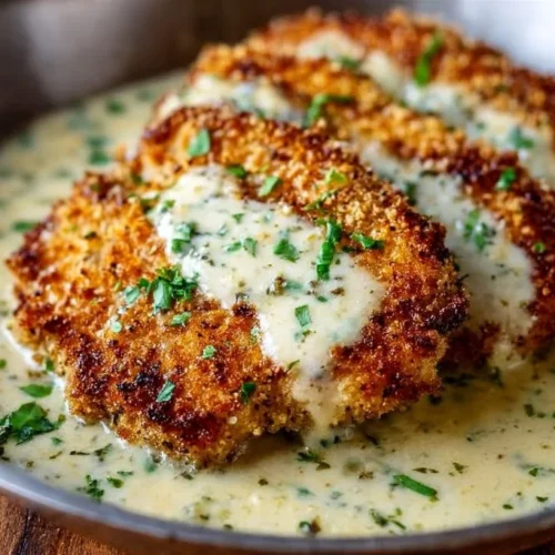 Parmesan Crusted Chicken drizzled with Creamy Garlic Sauce on a plate