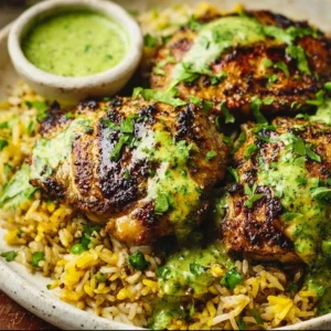 Delicious plate of Peruvian Chicken and Rice served with green sauce