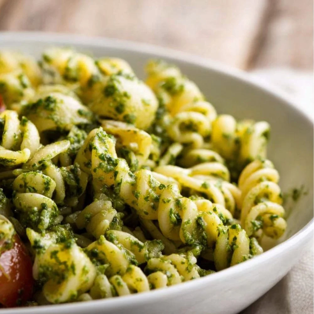 Delicious pesto pasta salad with fresh vegetables and herbs