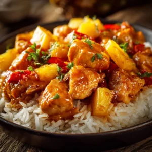 Delicious pineapple chicken served over a bed of rice with vibrant vegetables.