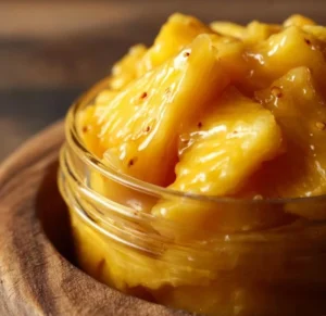 Delicious Pineapple Cowboy Candy in a jar, showcasing its sweet and spicy flavor.