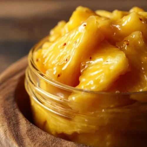 Delicious Pineapple Cowboy Candy in a jar, showcasing its sweet and spicy flavor.
