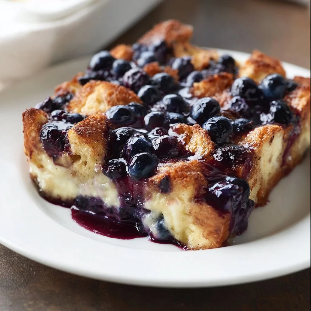 Delicious quick blueberry French toast casserole served on a plate.