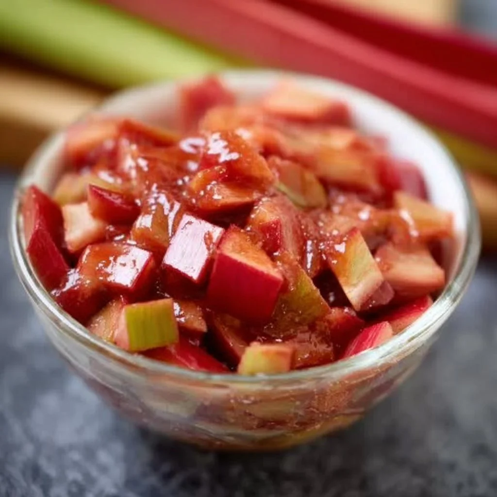 Jar of homemade Rhubarb Cinnamon Jam with a spoon and fresh rhubarb stalks