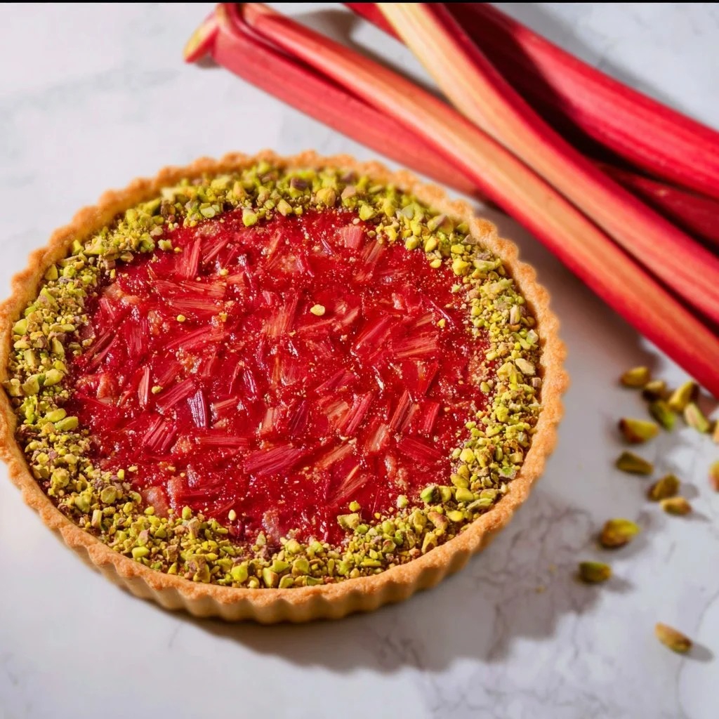 Deliciously baked rhubarb cream tart on a wooden table
