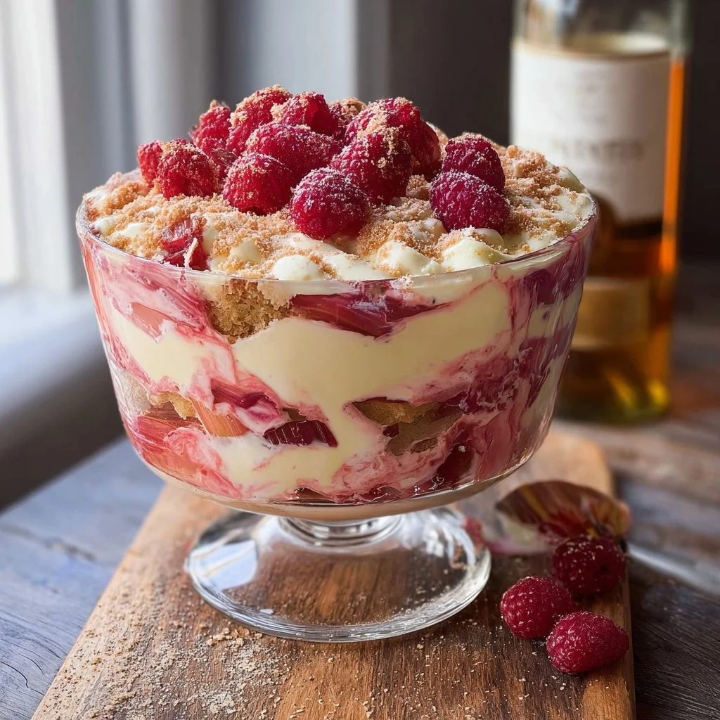 Delicious rhubarb custard trifle dessert layered with custard and rhubarb.