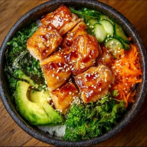 A vibrant Salmon Bowl filled with fresh ingredients and topped with salmon.