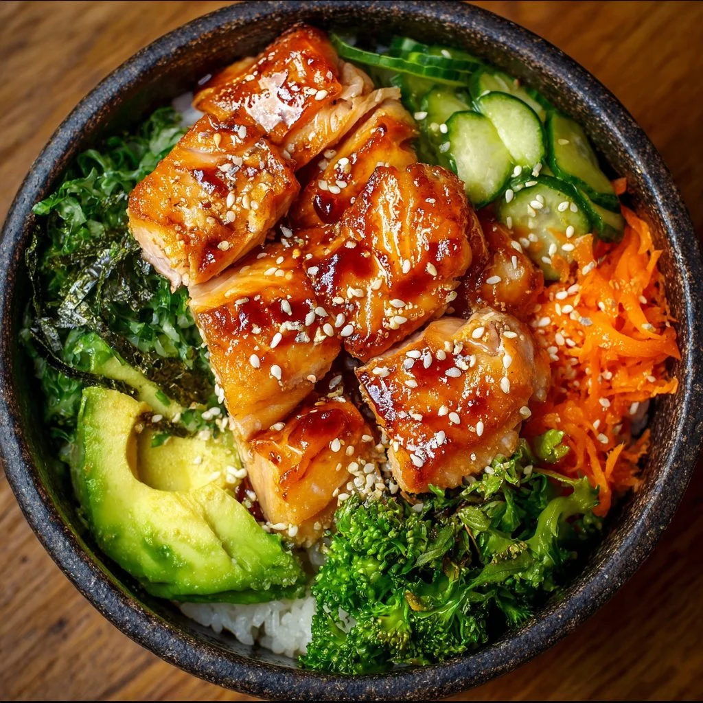 A vibrant Salmon Bowl filled with fresh ingredients and topped with salmon.