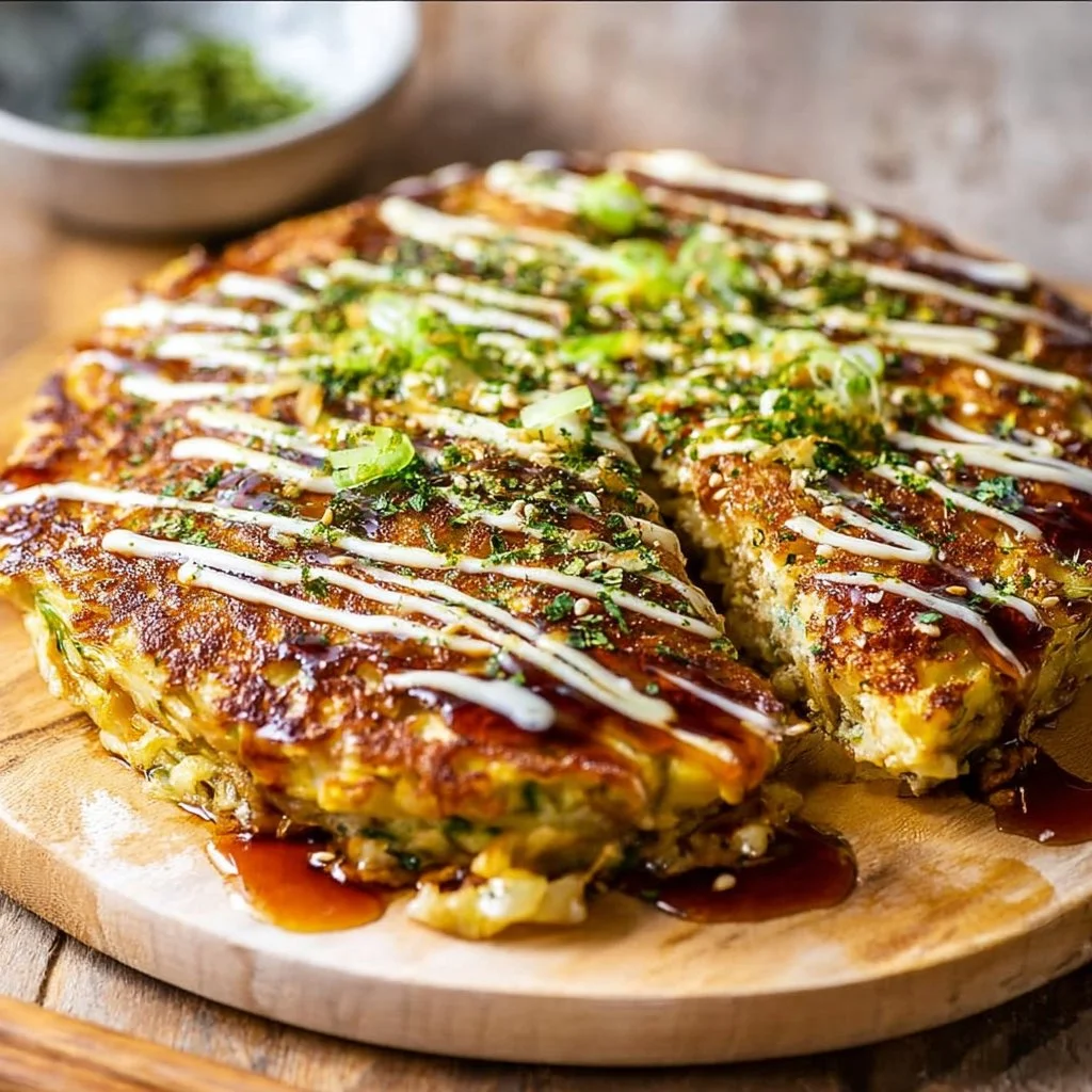 A plate of golden savory pancakes topped with fresh herbs and vegetables