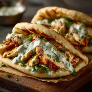 Sheet Pan Chicken Pitas on a serving platter with fresh toppings