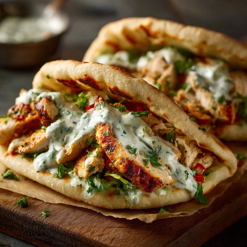 Sheet Pan Chicken Pitas on a serving platter with fresh toppings