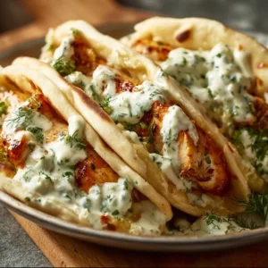 Sheet pan chicken pitas with herby ranch sauce served on a plate