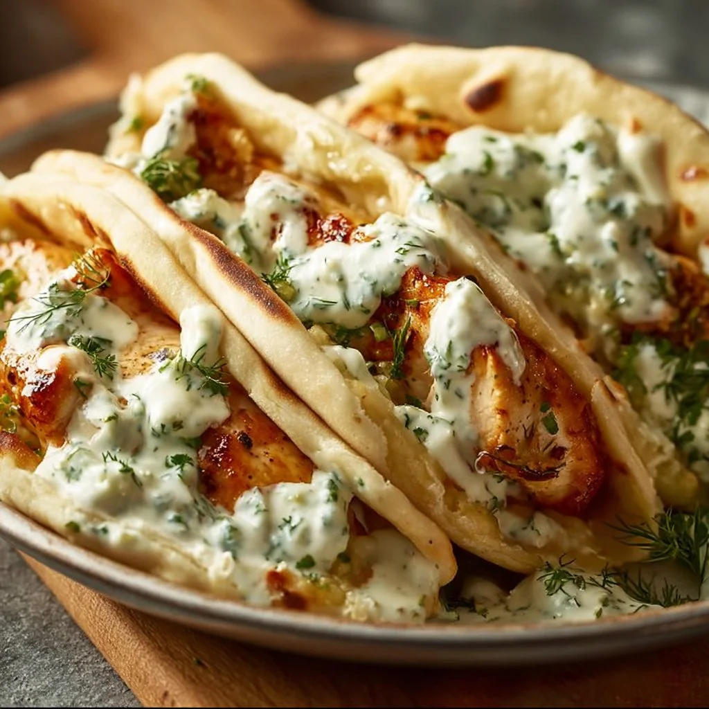 Sheet pan chicken pitas with herby ranch sauce served on a plate