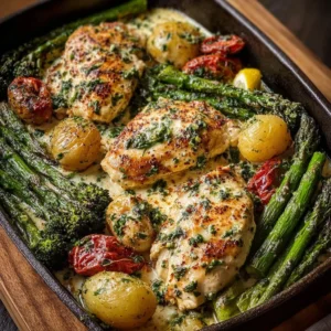 Sheet pan garlic butter chicken with colorful vegetables ready to serve