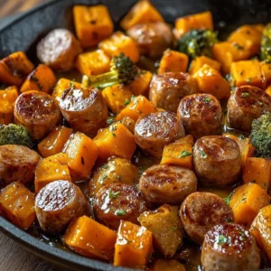 Sheet pan with sausage and sweet potatoes drizzled in honey garlic sauce