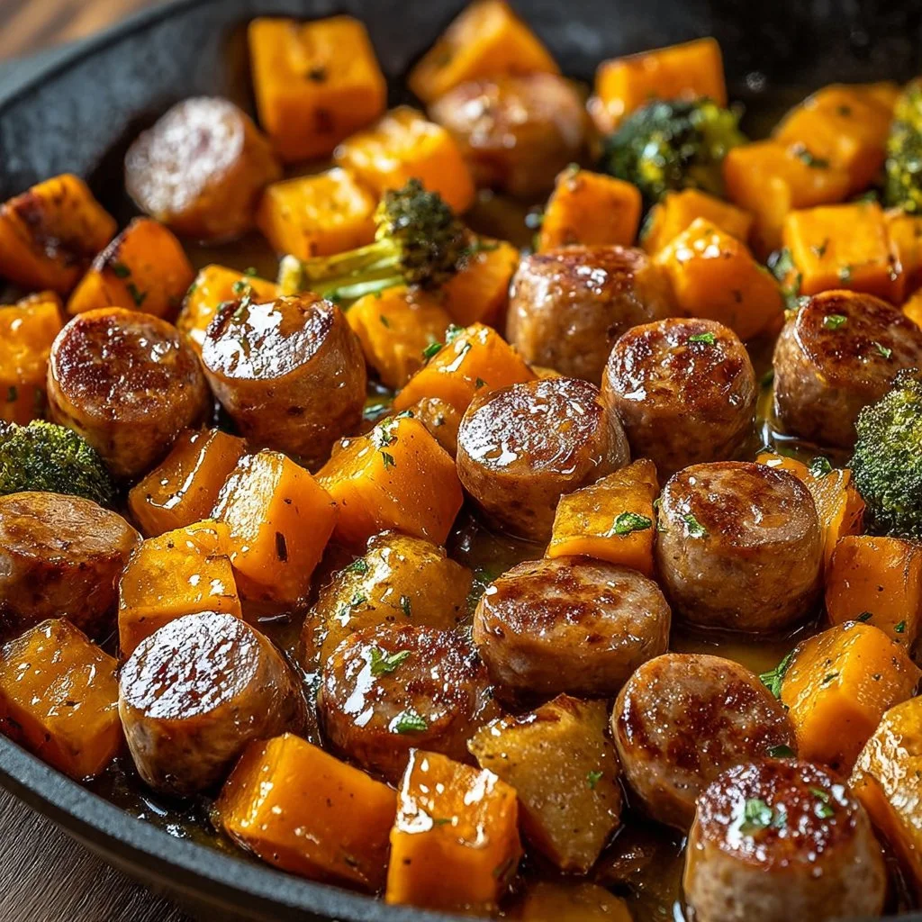 Sheet pan with sausage and sweet potatoes drizzled in honey garlic sauce