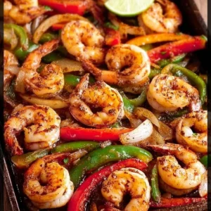 Sheet Pan Shrimp Fajitas on a serving dish with colorful vegetables