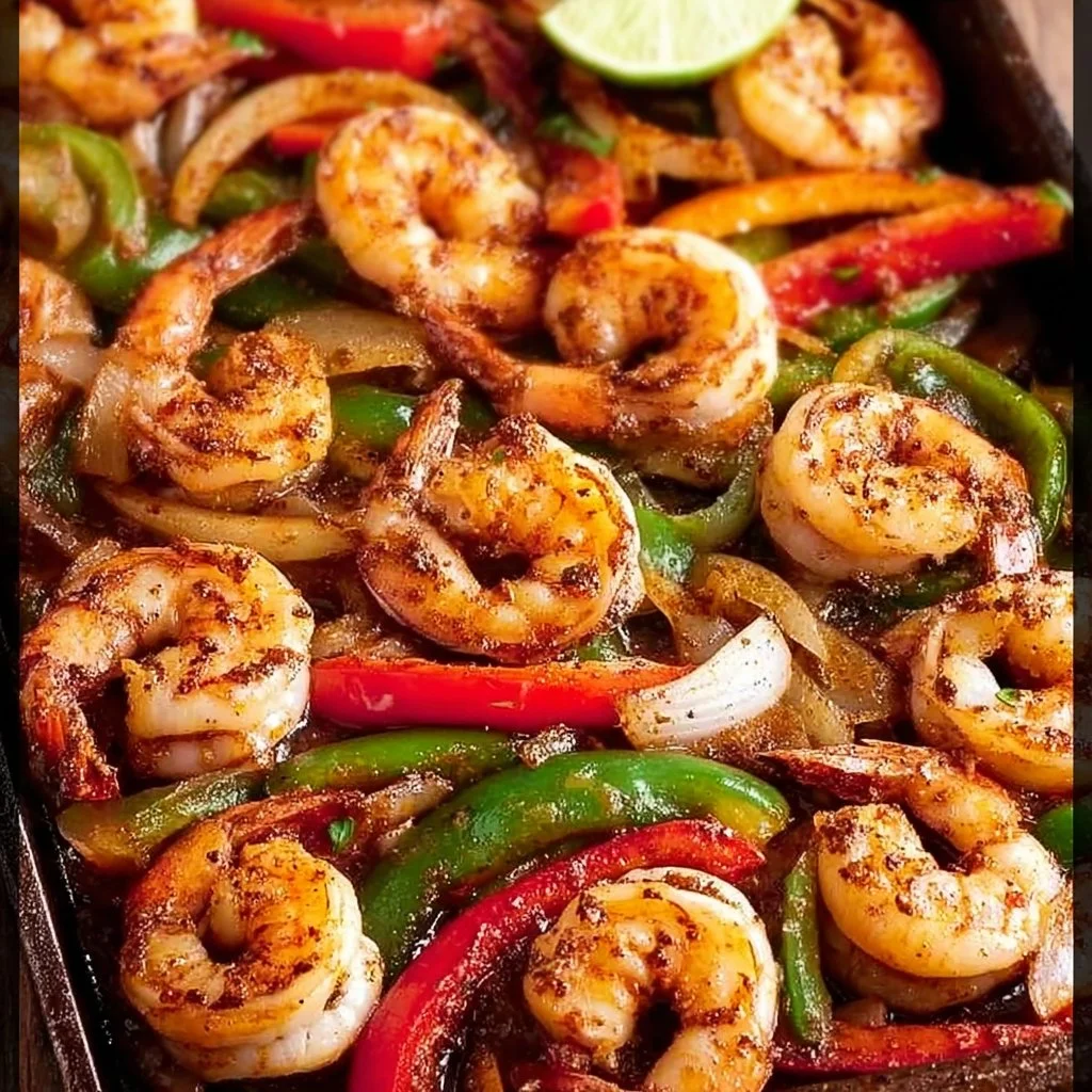 Sheet Pan Shrimp Fajitas on a serving dish with colorful vegetables