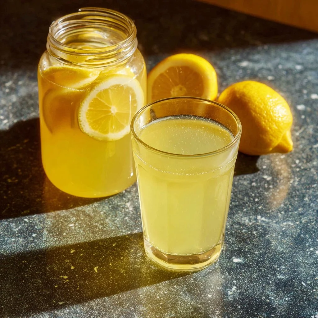 Bottle of Sima fermented lemonade with lemon slices and bubbles