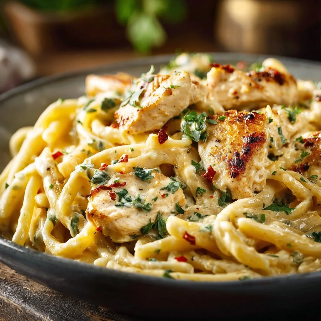 A plate of simple chicken pasta garnished with fresh herbs.