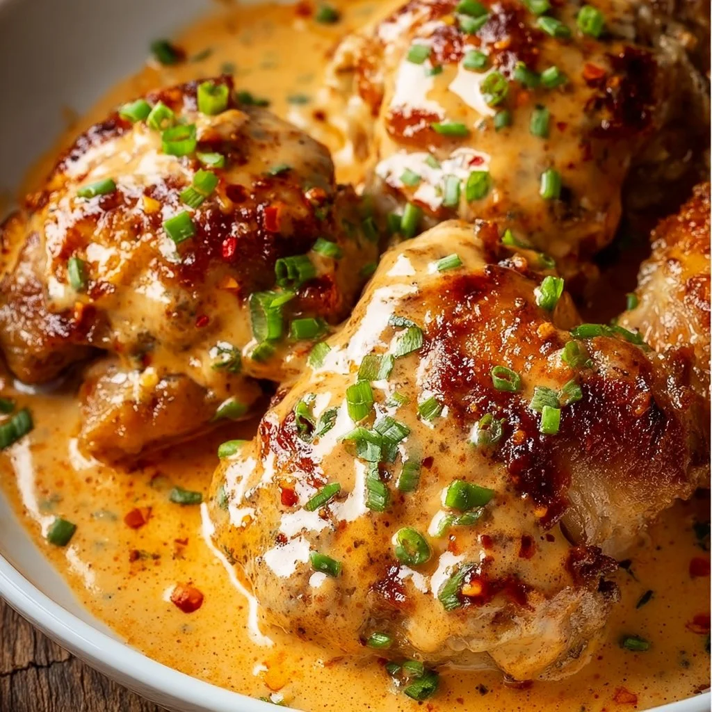 Skillet Bang Bang Chicken Thighs served on a plate