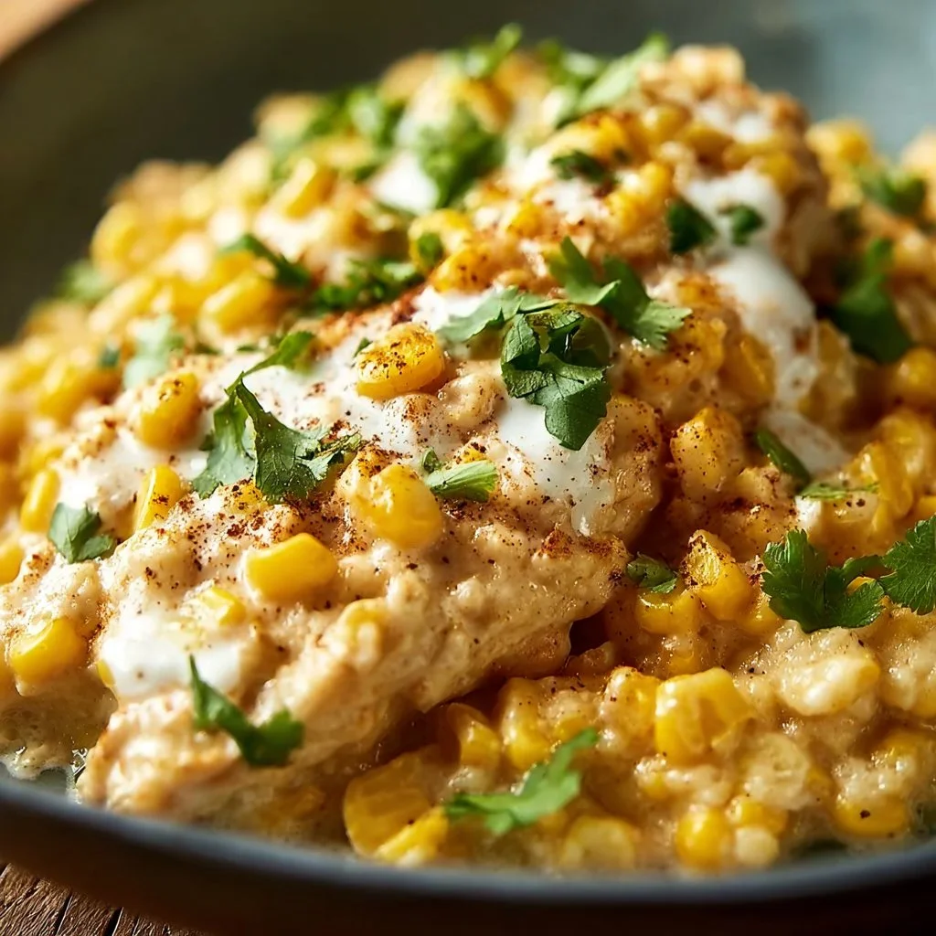 Delicious Slow Cooker Street Corn Chicken served in a bowl, topped with fresh herbs.