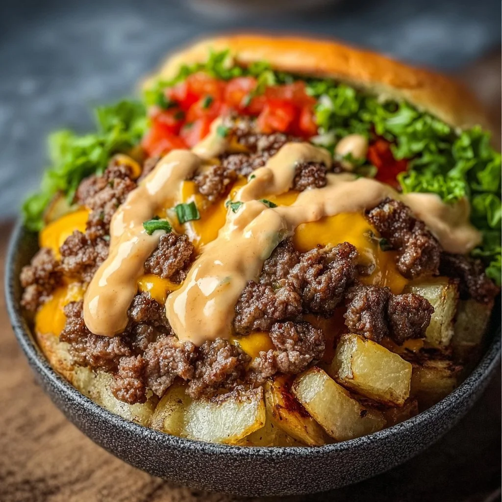 Delicious Smash Burger Bowl with fresh ingredients and savory toppings