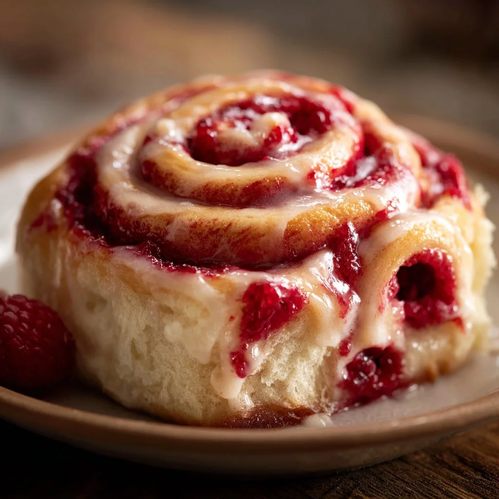 Freshly baked sourdough raspberry lemon rolls with a golden crust.