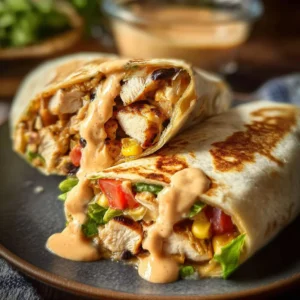Southwest chicken wraps filled with grilled chicken, veggies, and sauce.