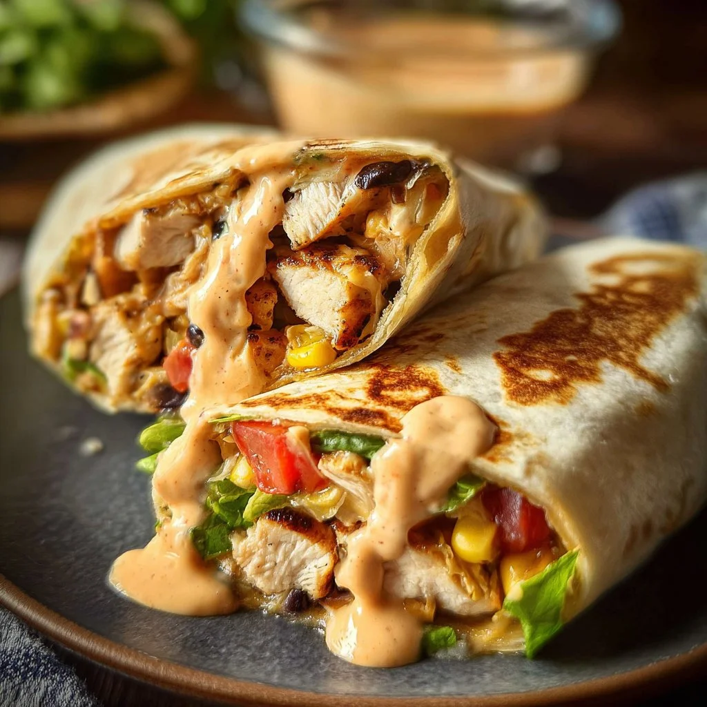 Southwest chicken wraps filled with grilled chicken, veggies, and sauce.