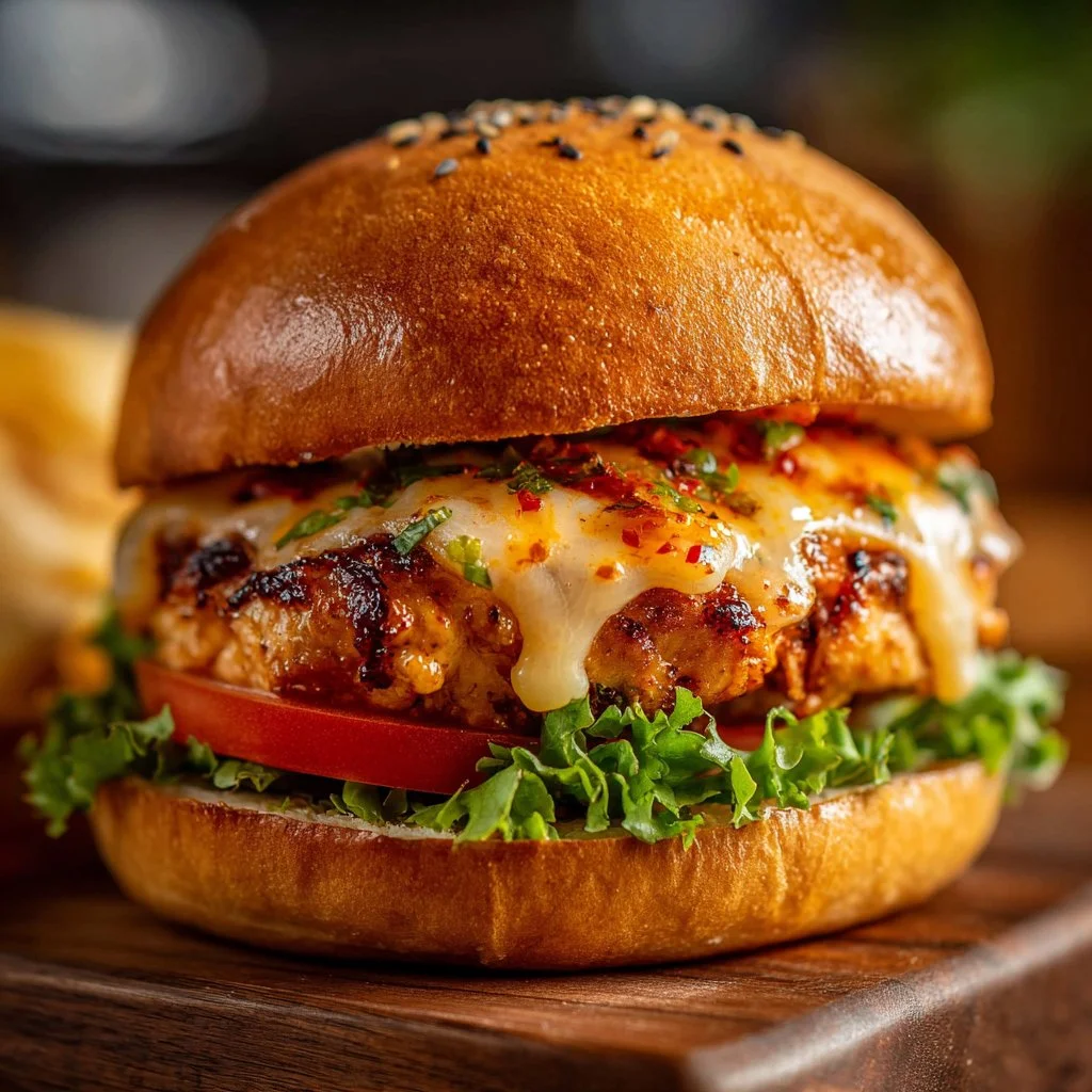 Spicy Chipotle Chicken Burger garnished with fresh ingredients and served on a plate.