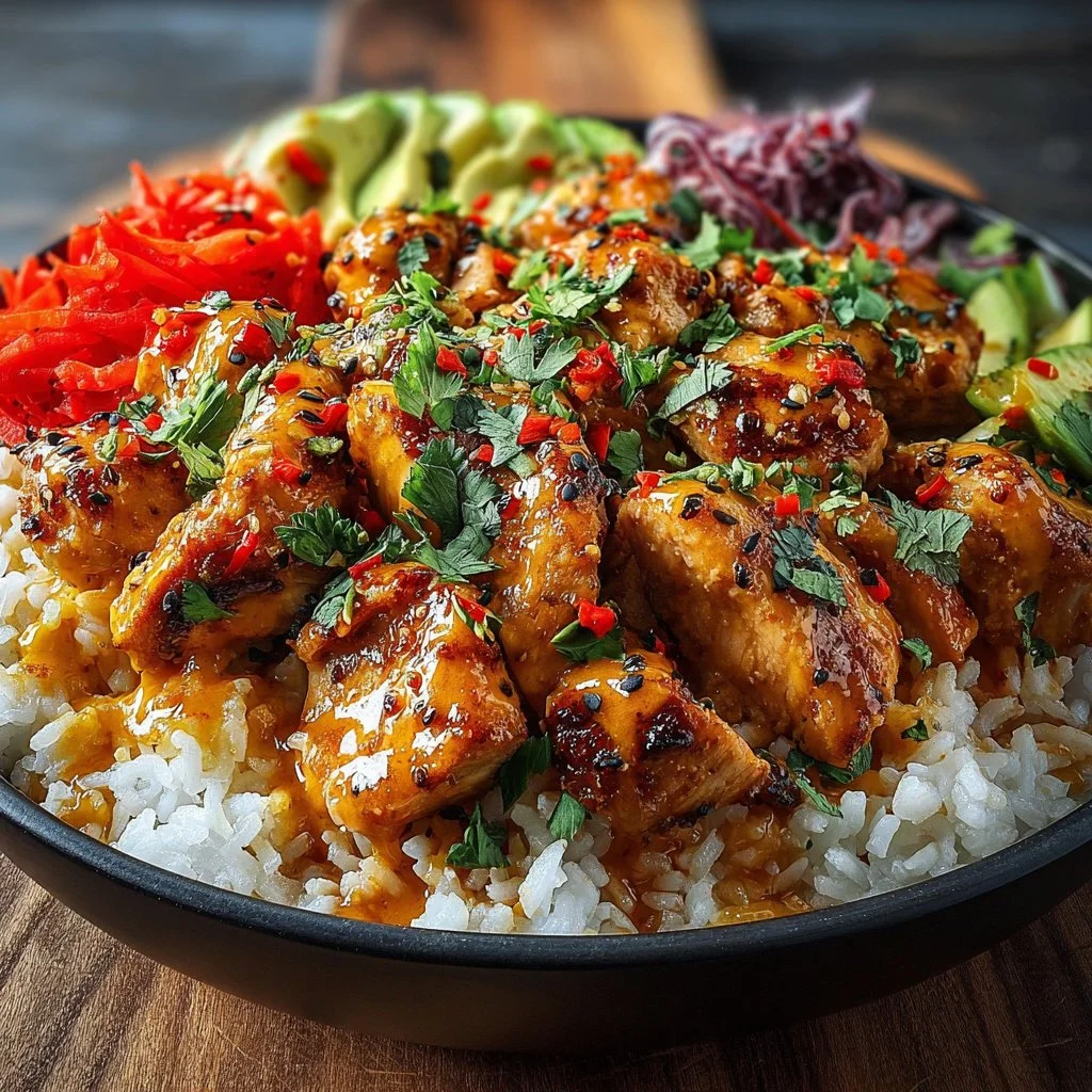 Spicy maple chicken served on a plate with coconut rice and vegetables