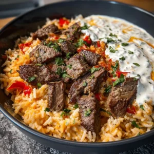 Delicious Steak Queso Rice Bowl with creamy queso and tender steak