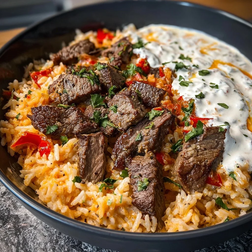 Delicious Steak Queso Rice Bowl with creamy queso and tender steak