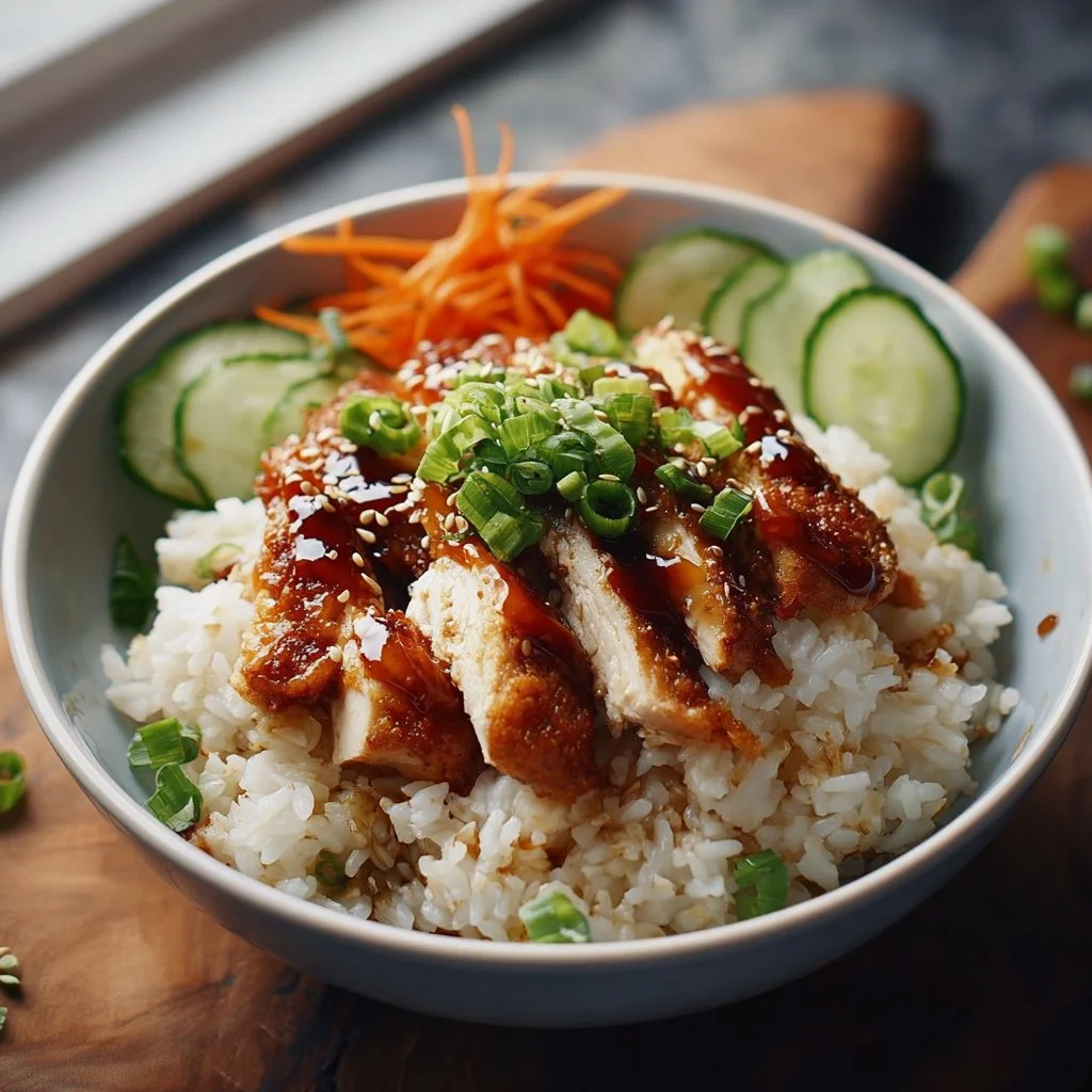 Sticky Chicken Rice Bowls served in a vibrant bowl with fresh ingredients.