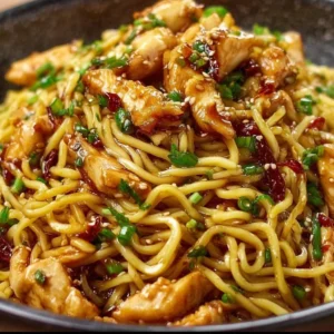 Delicious sticky garlic chicken noodles served in a bowl with fresh herbs.