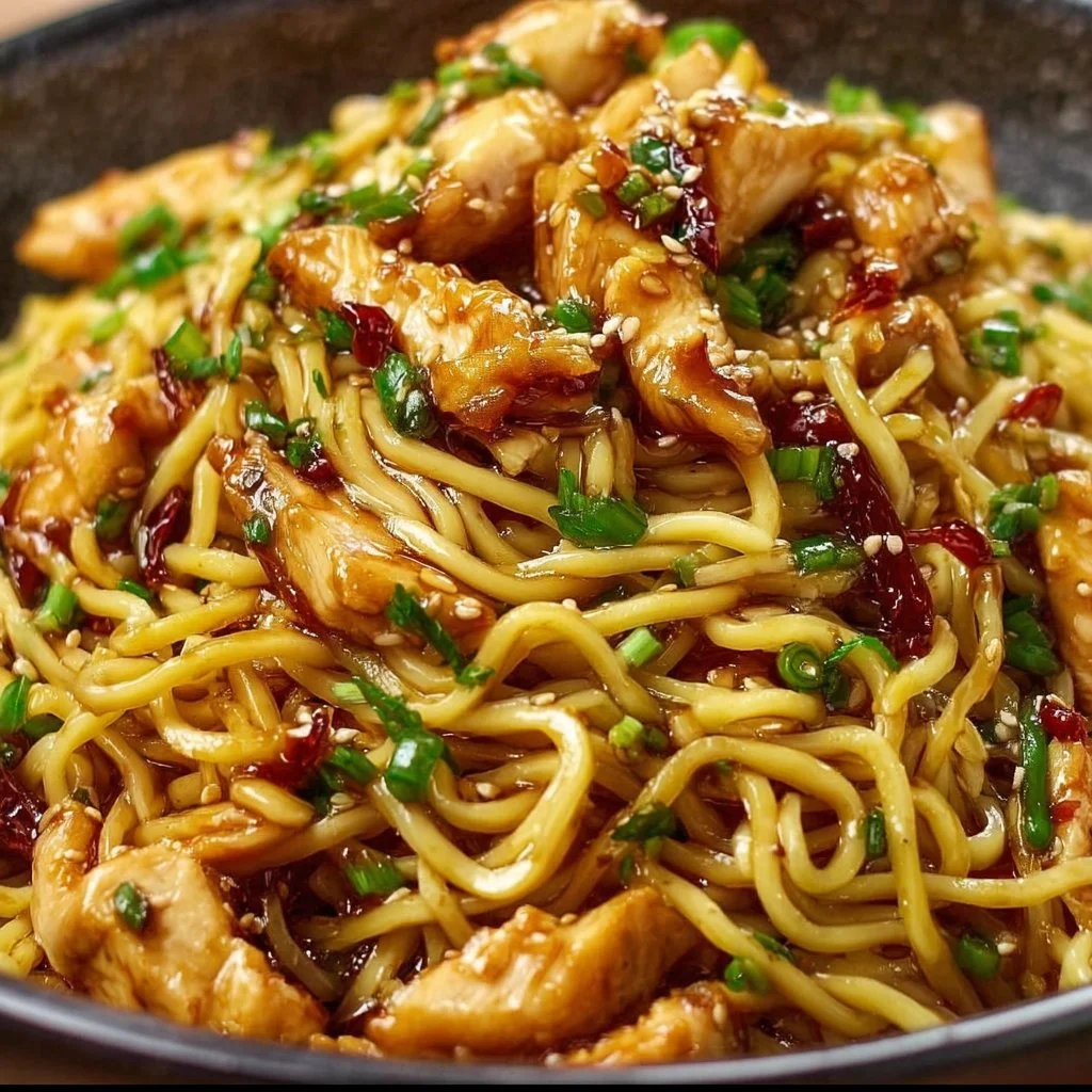 Delicious sticky garlic chicken noodles served in a bowl with fresh herbs.