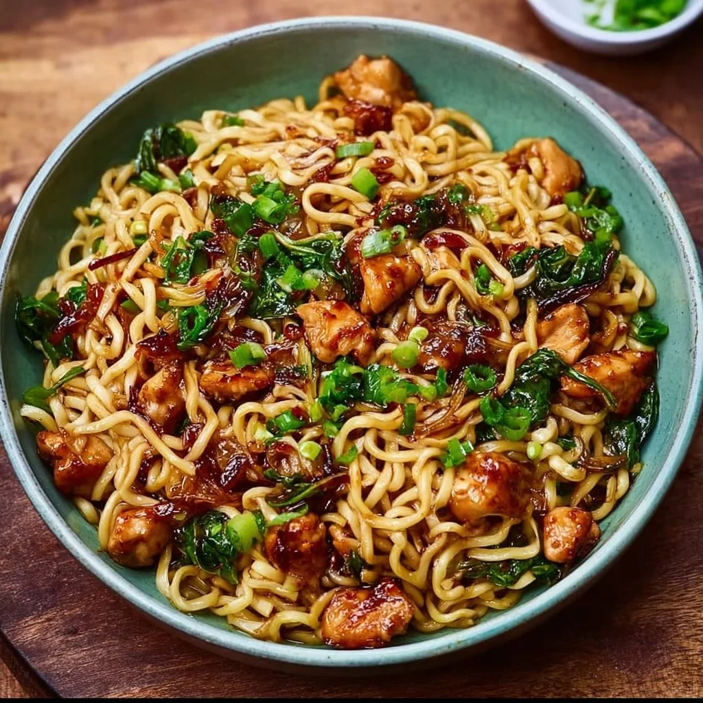 Delicious sticky garlic chicken noodles served in a bowl
