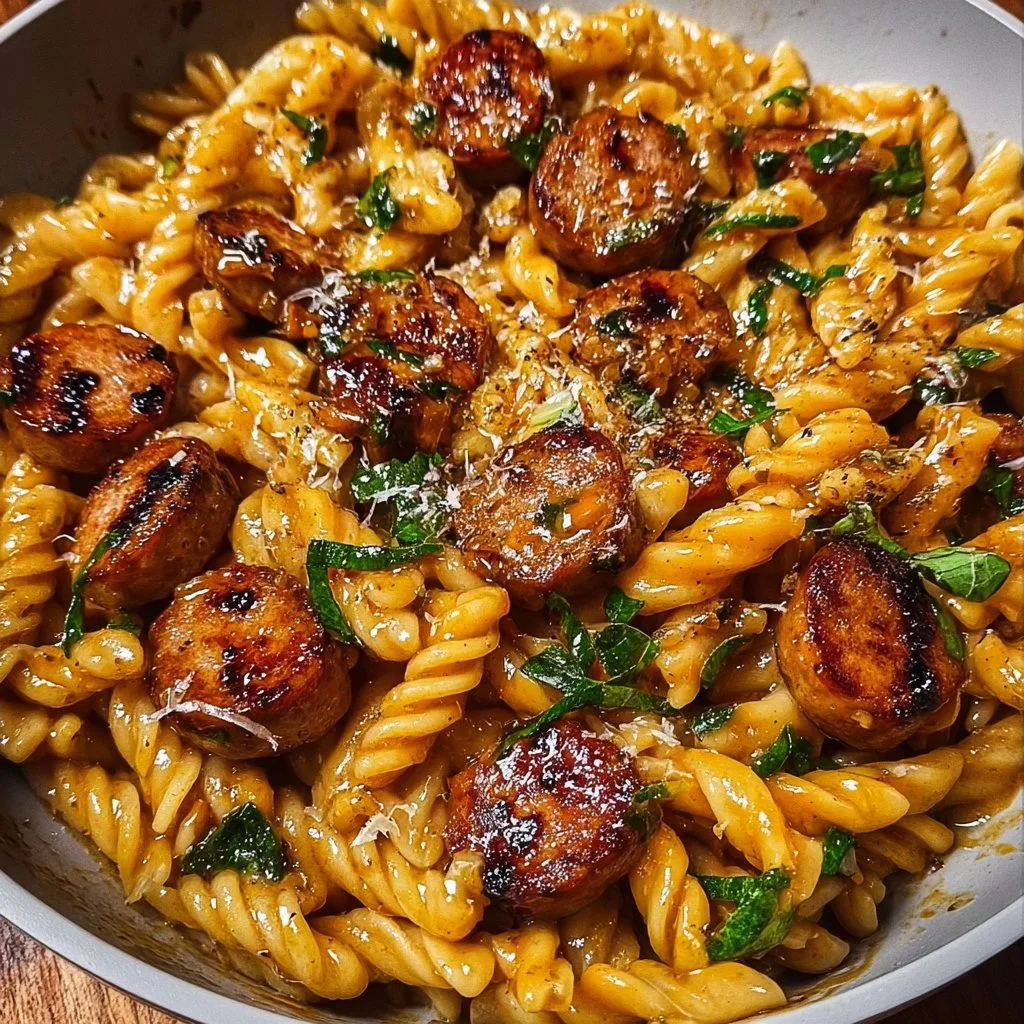 Sticky Honey Garlic Sausage Pasta Skillet dish served in a skillet