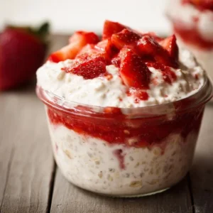 A bowl of Strawberry Cheesecake Overnight Oats topped with fresh strawberries.