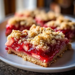 Delicious strawberry rhubarb crumb bars with a crisp crumb topping